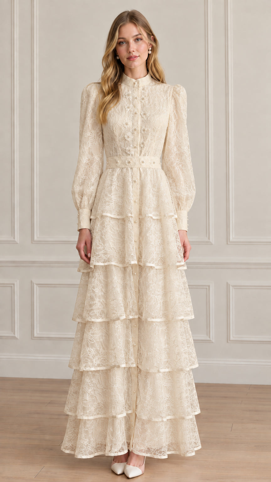 Model wearing cream warm ivory tiered lace maxi dress with stand collar