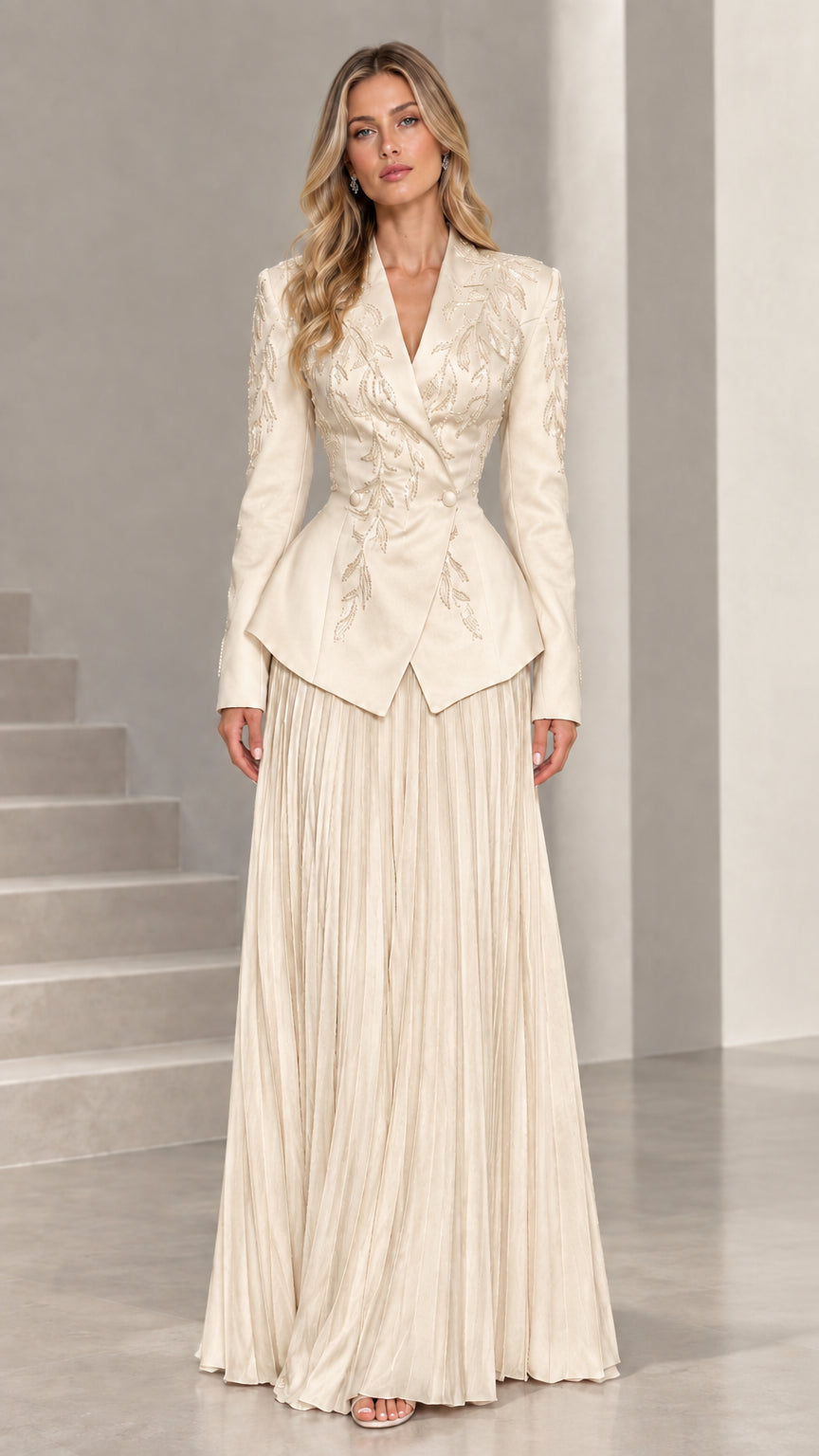 Full-length view of champagne ivory embroidered peplum blazer and pleated maxi skirt