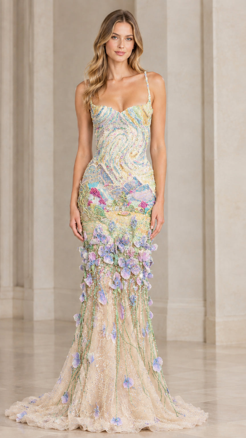 Champagne gold embellished 3D floral mermaid gown - front view