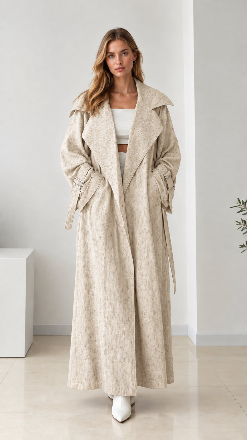 Full front view of women's beige cream maxi trench coat