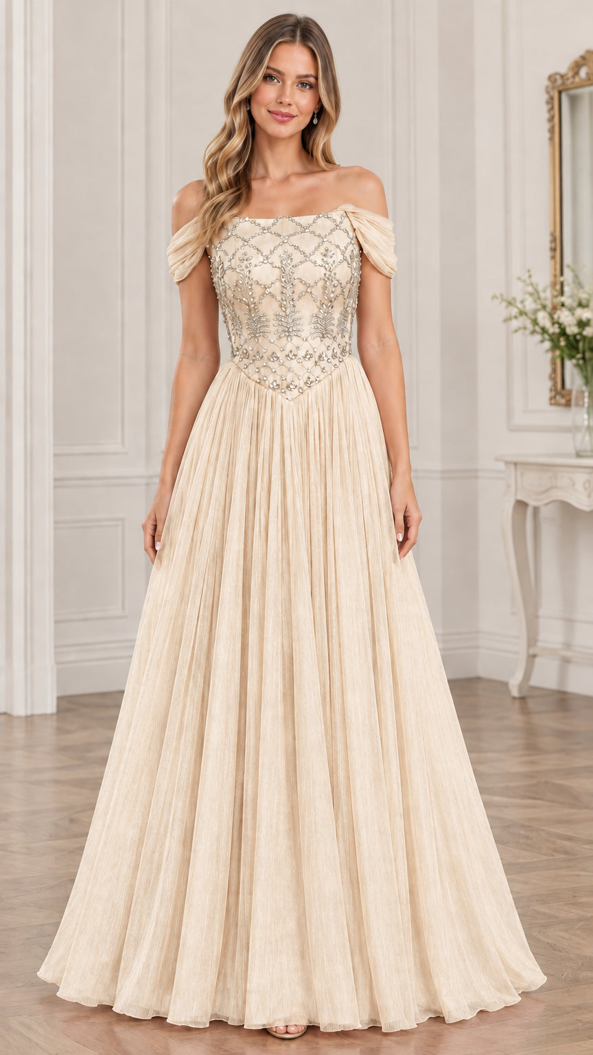 Model wearing champagne beige off-the-shoulder beaded evening dress