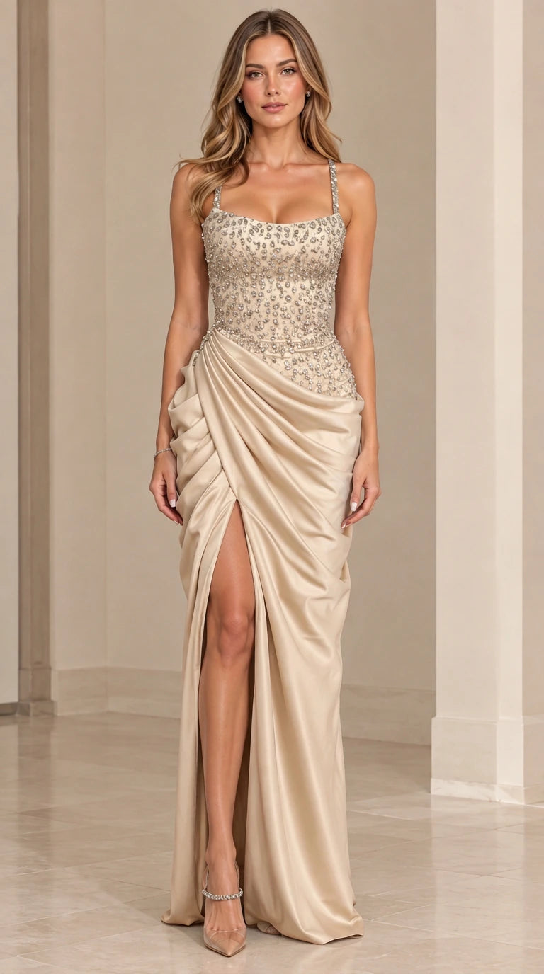 Model wearing champagne gold beaded corset satin evening gown