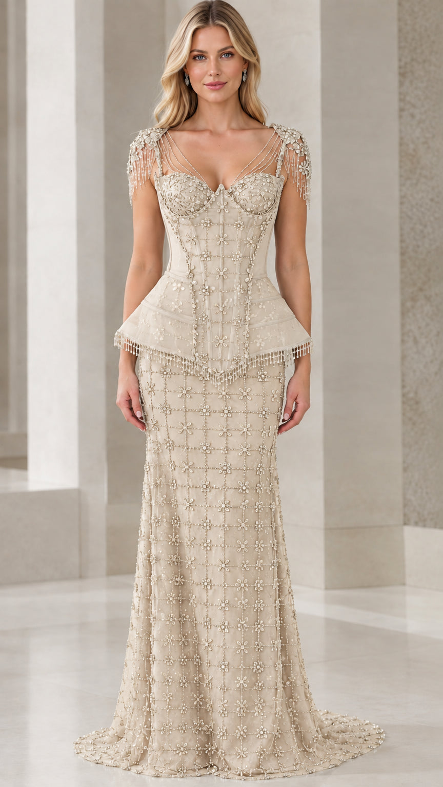 Front view of model wearing champagne beaded corset peplum evening gown