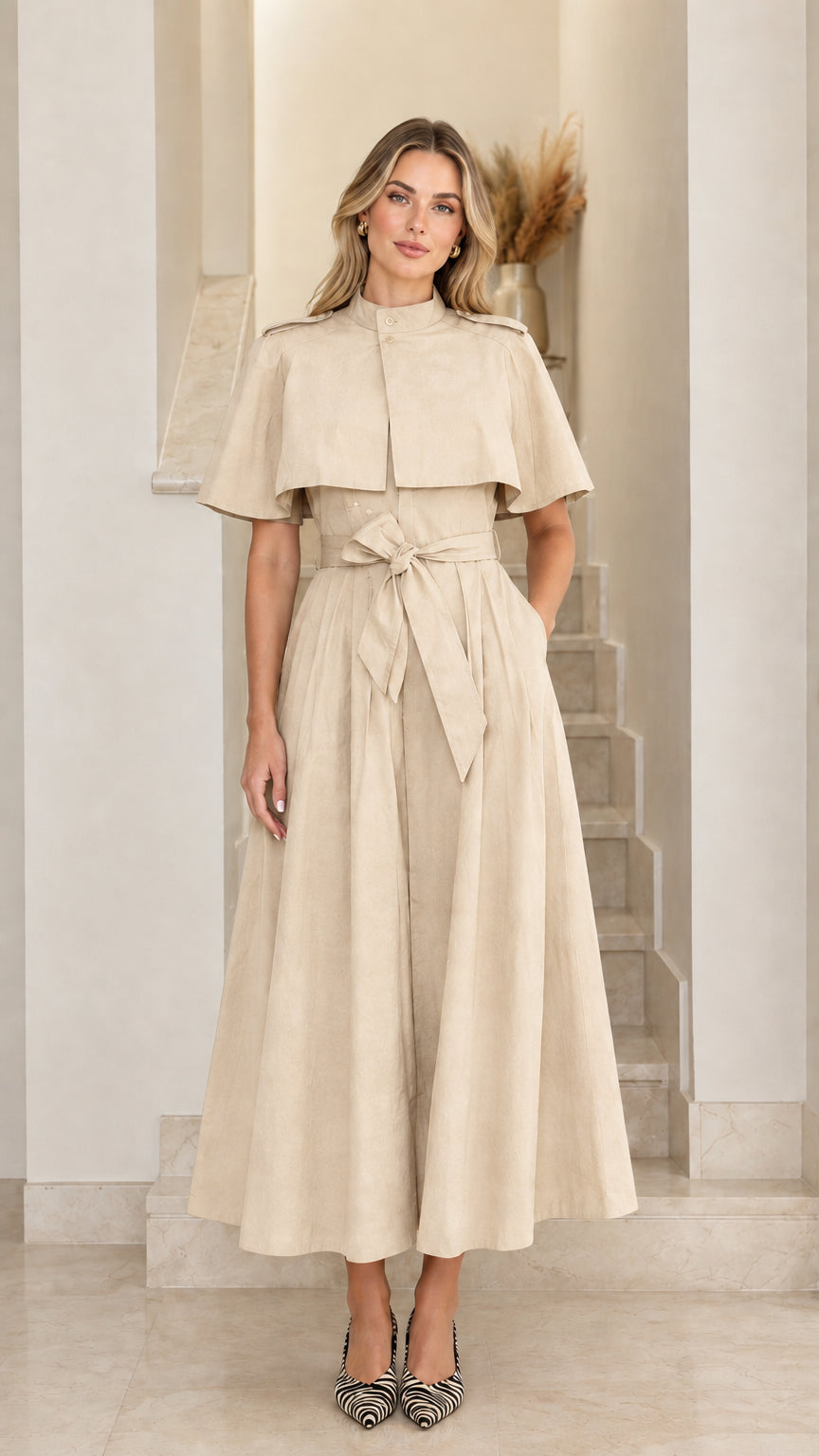 Model wearing cream capelet midi trench dress with tie belt