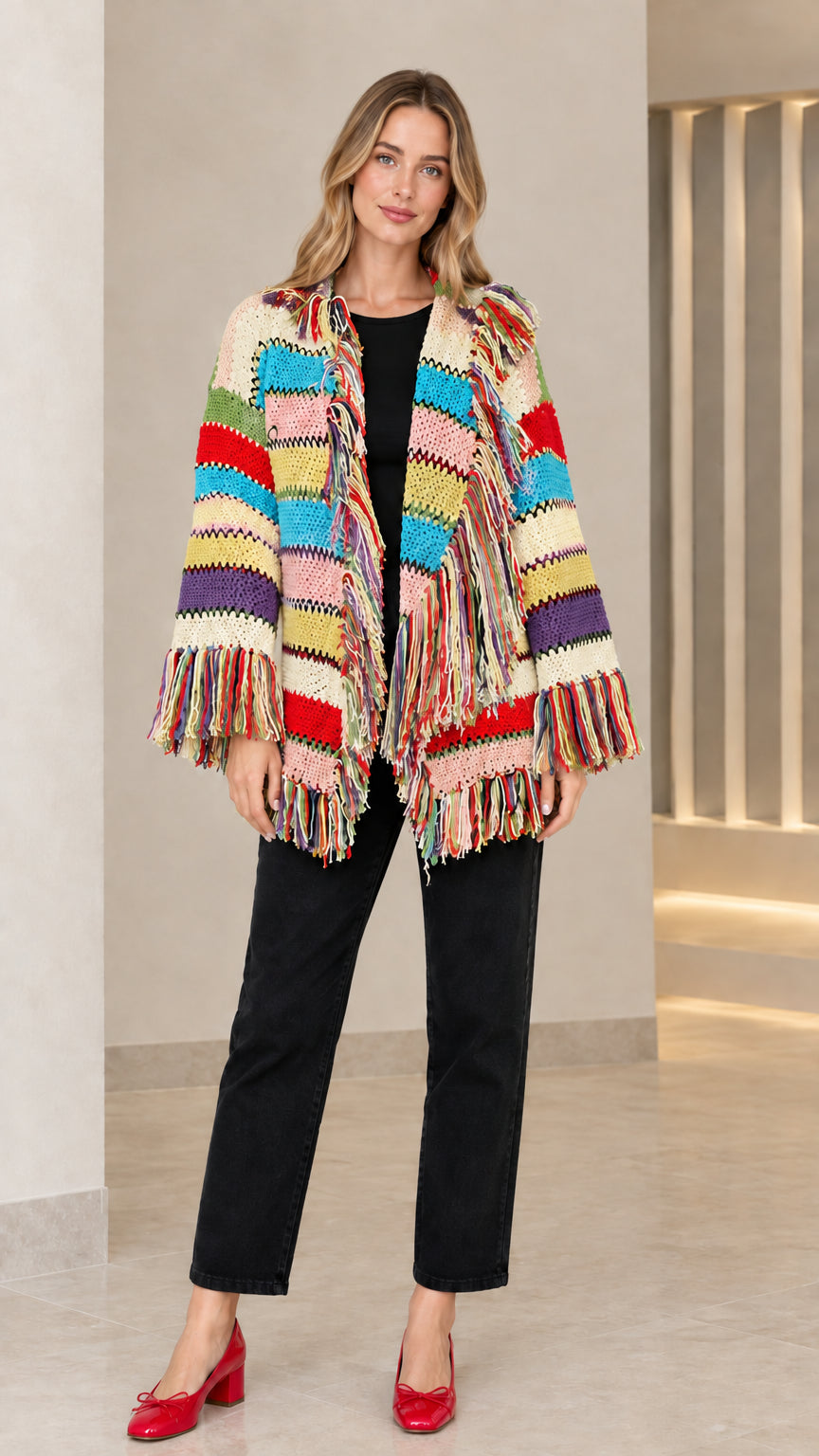 Model wearing beige multicolor striped fringe knit open-front cardigan