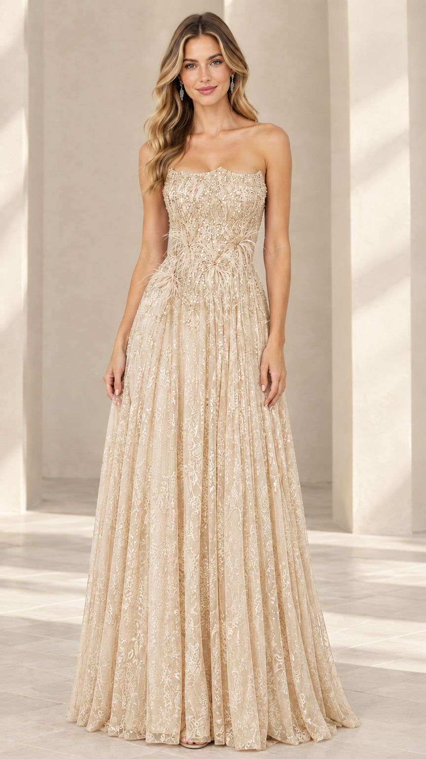 Champagne gold strapless sequin A-line gala gown