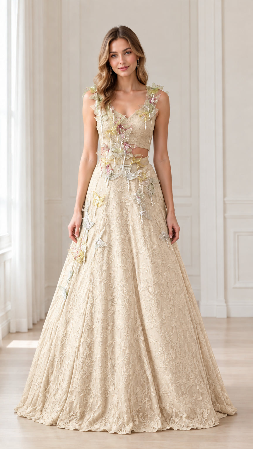 Front view of woman wearing Champagne 3D butterfly lace cutout evening gown