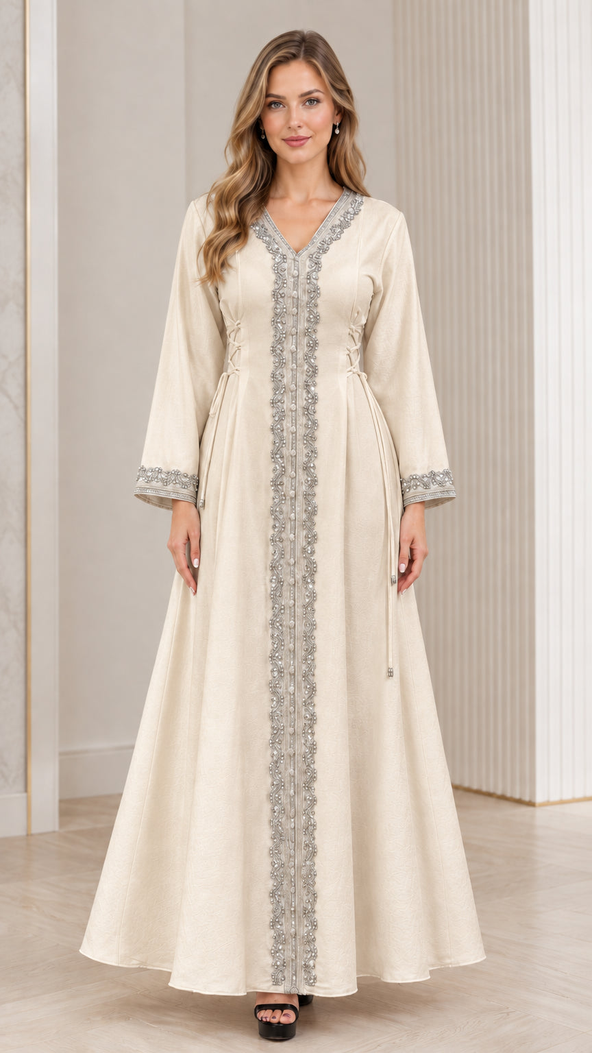 Full-length view of woman wearing champagne cream embroidered formal kaftan dress