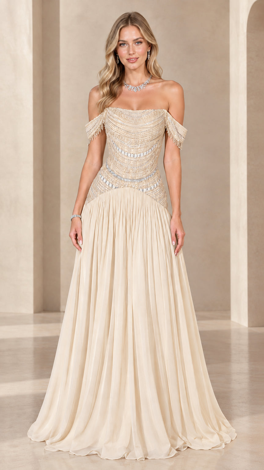 Full-length front view of champagne gold off-the-shoulder beaded chiffon gown