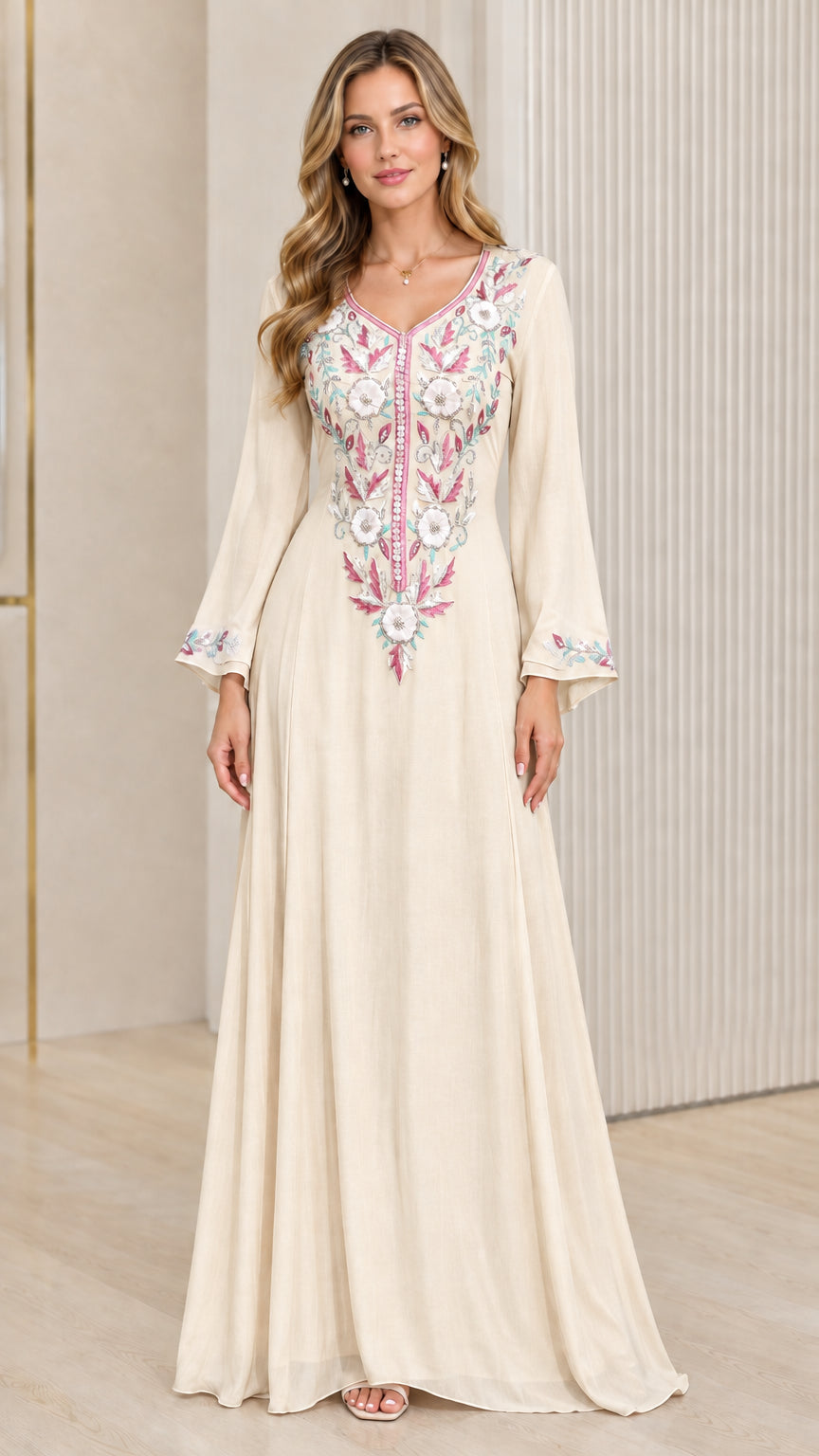 Front view of woman wearing Cream beige embroidered bell sleeve maxi dress