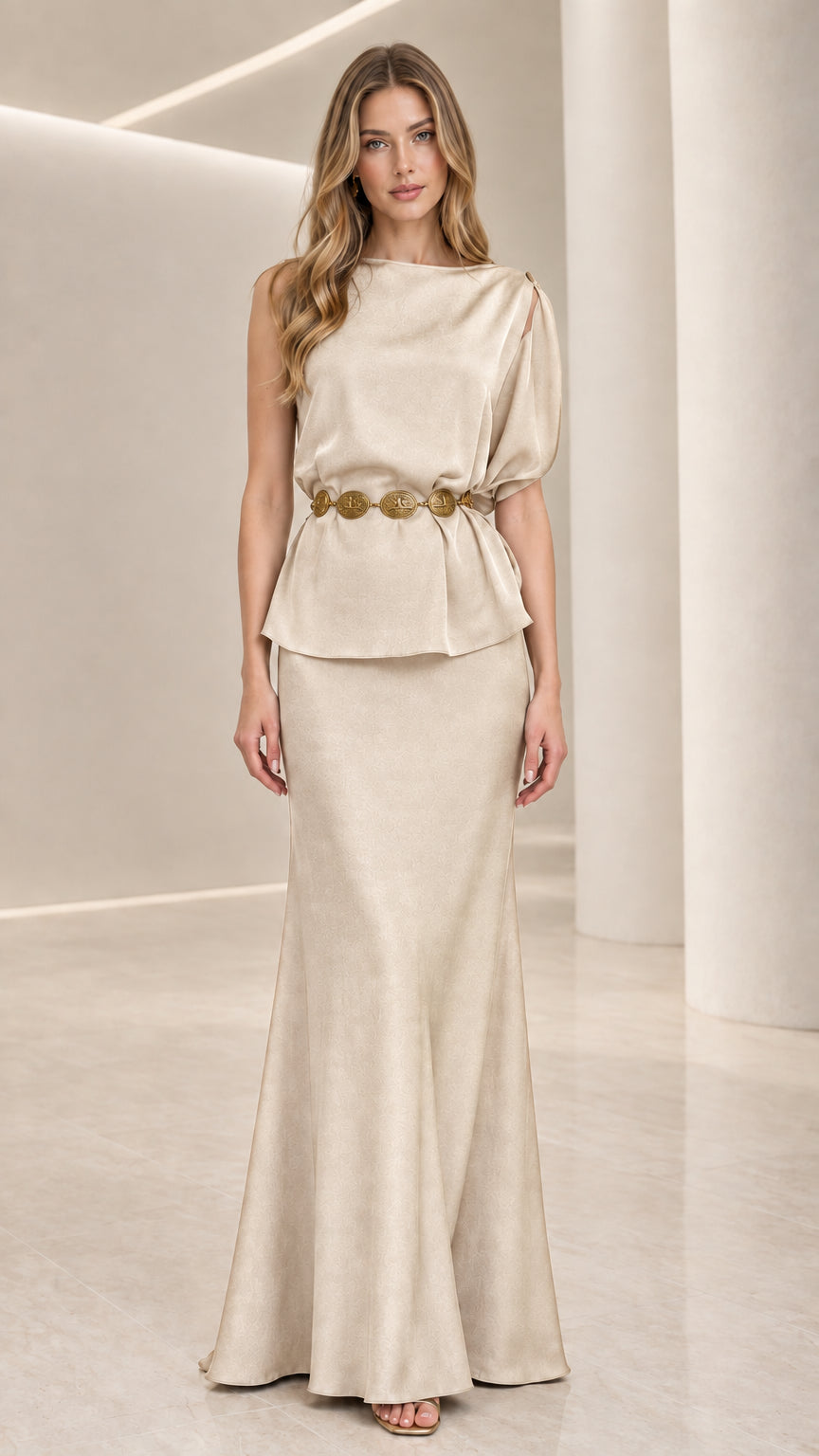 Champagne cream formal peplum maxi gown with belt