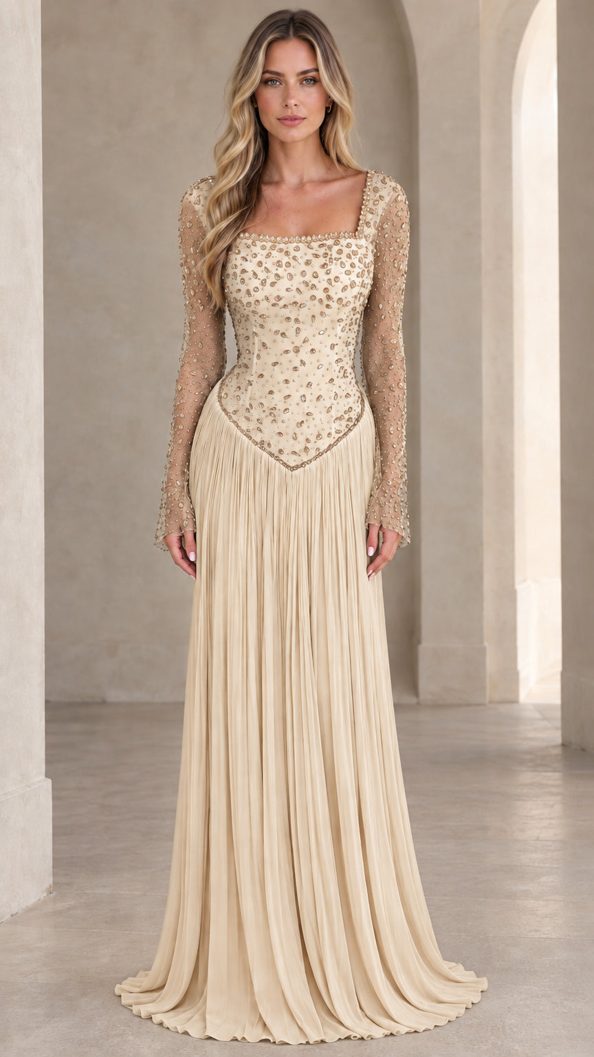 Front view of Champagne beige beaded long-sleeve formal evening gown