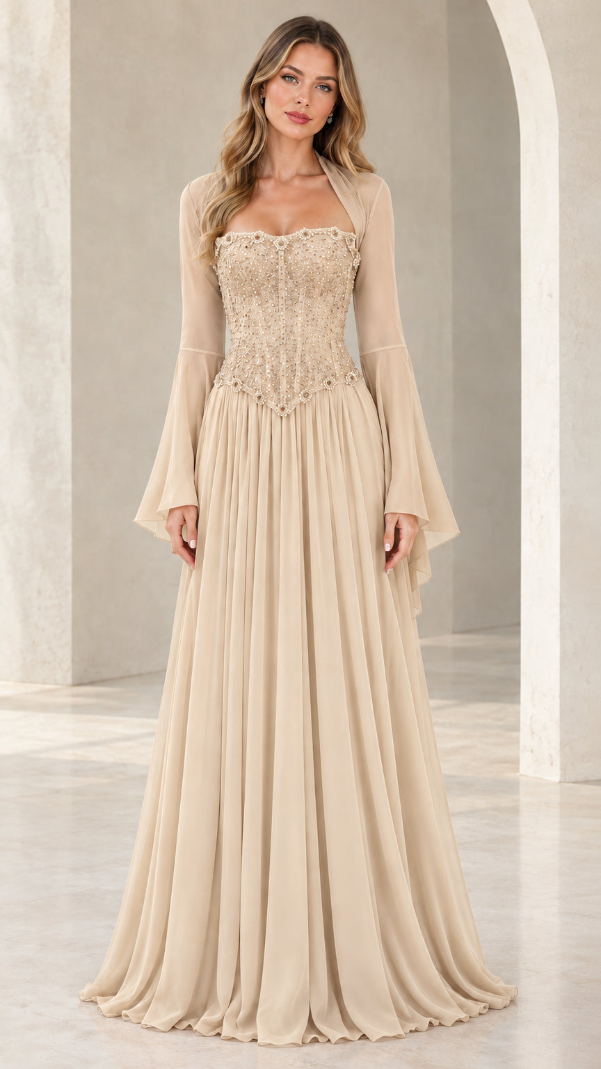 Champagne beige beaded bell sleeve floor length evening gown
