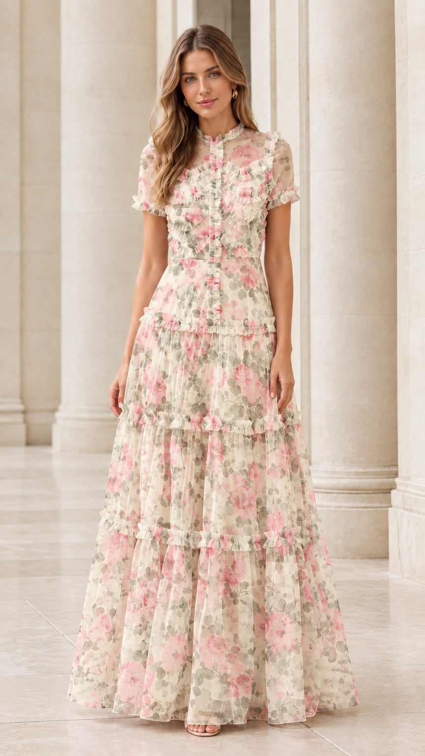Front full view of the cream floral ruffle tiered maxi dress