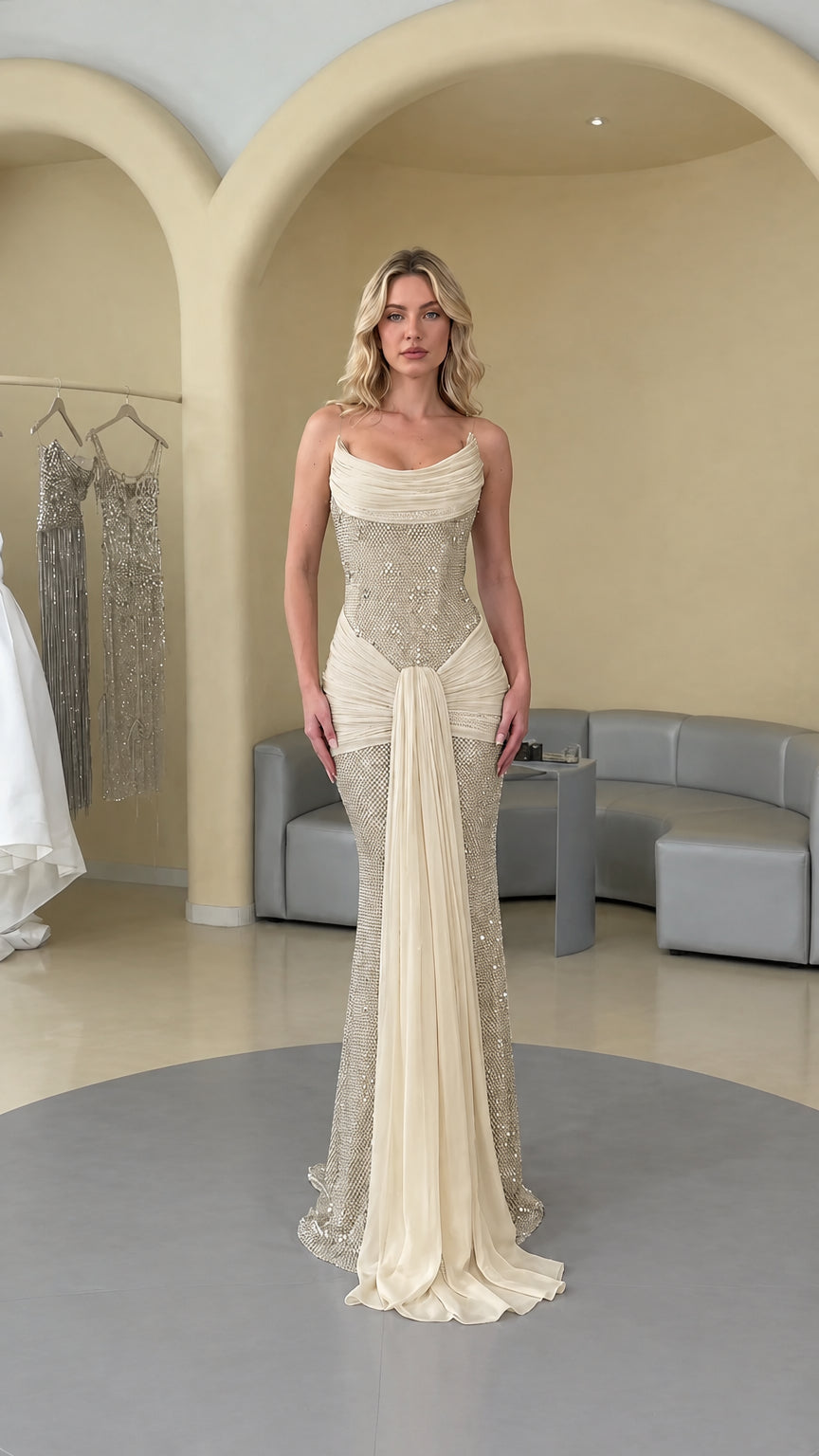 Champagne cream draped rhinestone evening gown with side train