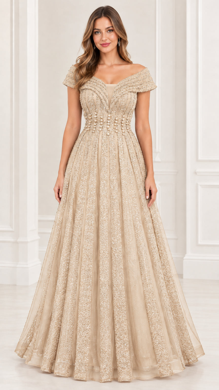Champagne gold off-the-shoulder beaded tulle formal evening gown