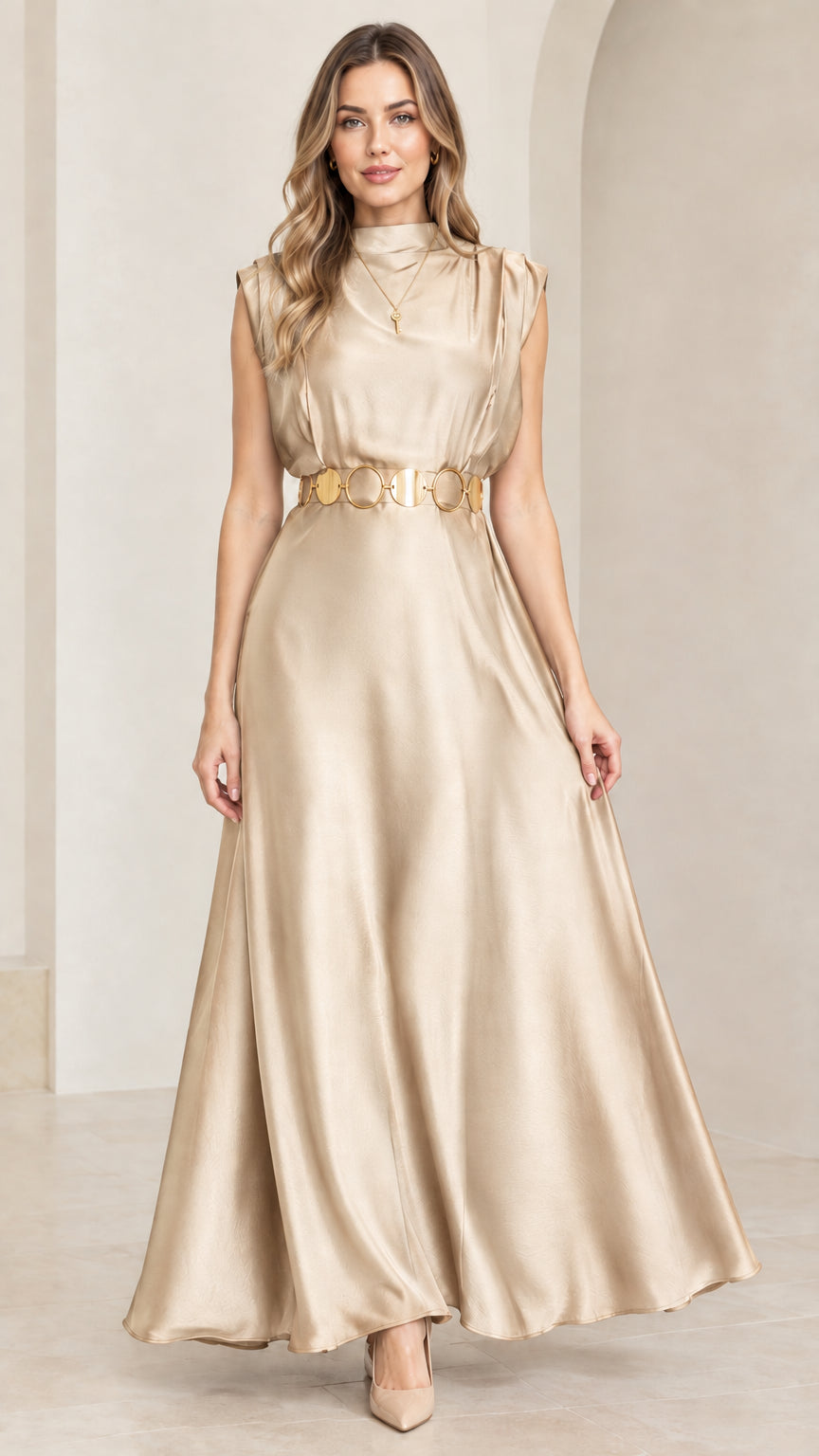 Model wearing champagne gold mock neck pleated satin maxi dress