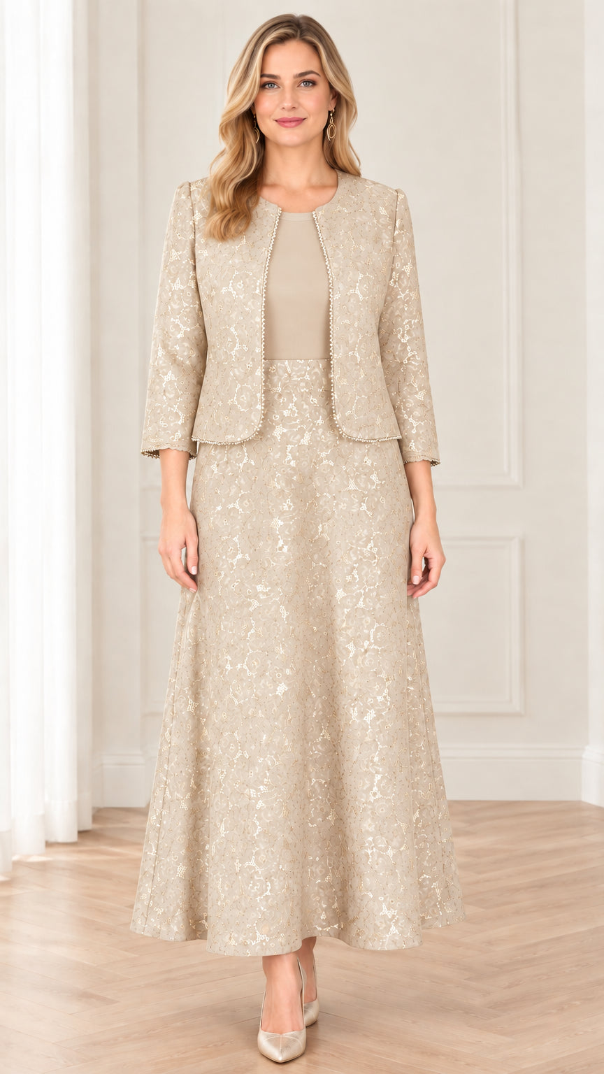 Front view of champagne beige floral lace two-piece maxi dress with beaded jacket