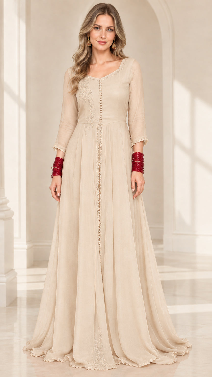 Front view of model wearing champagne beige chiffon embroidered maxi evening dress