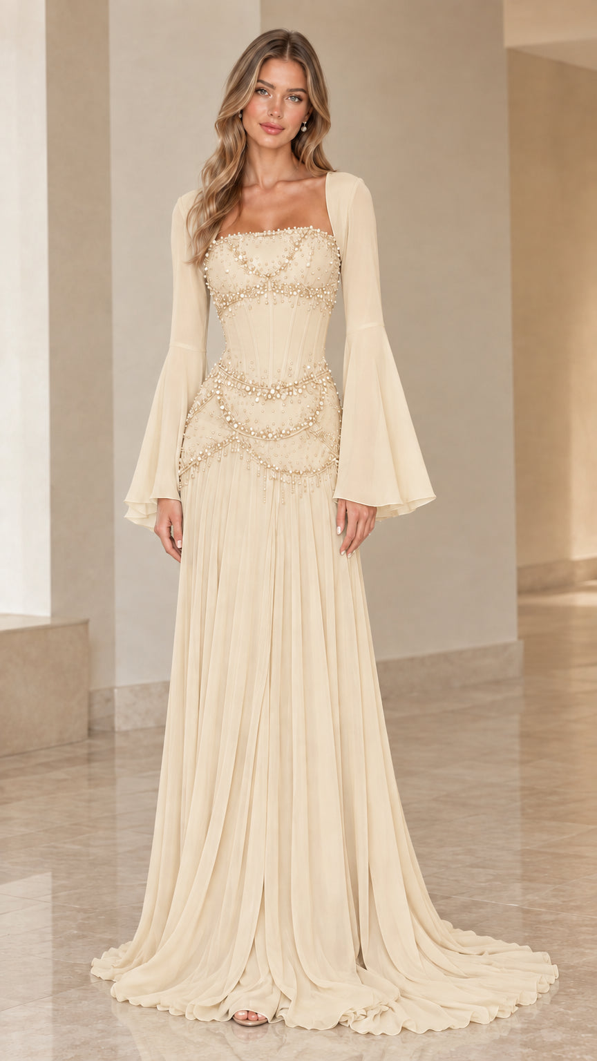 Champagne cream pearl-beaded corset maxi gown with bell sleeves