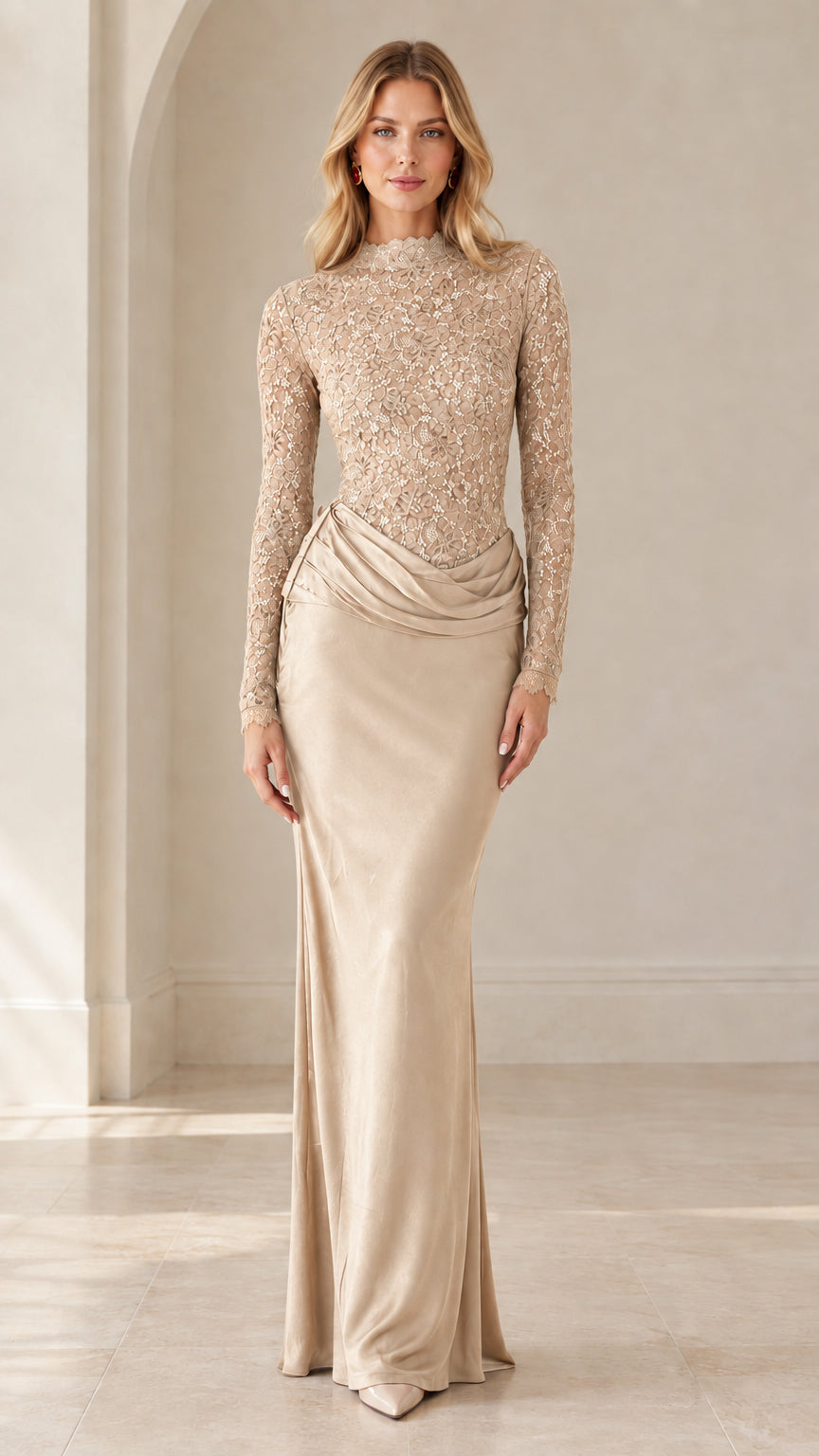 Champagne beige mock neck lace long sleeve draped evening gown