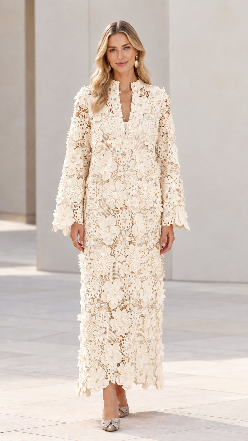 Full-length front view of woman wearing Cream ivory floral lace maxi dress
