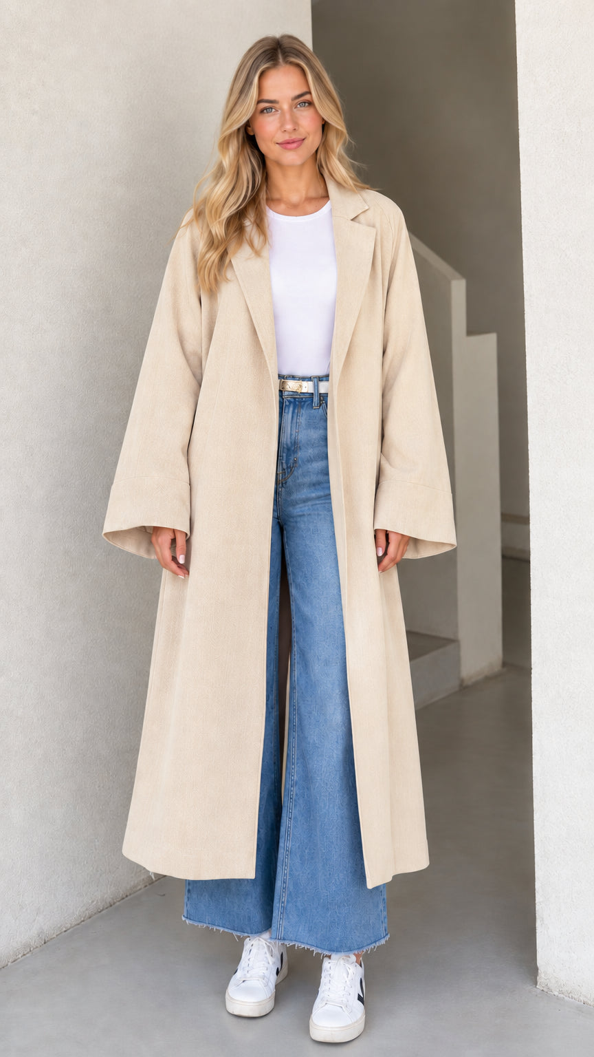 Model wearing Beige warm neutral lightweight longline duster coat