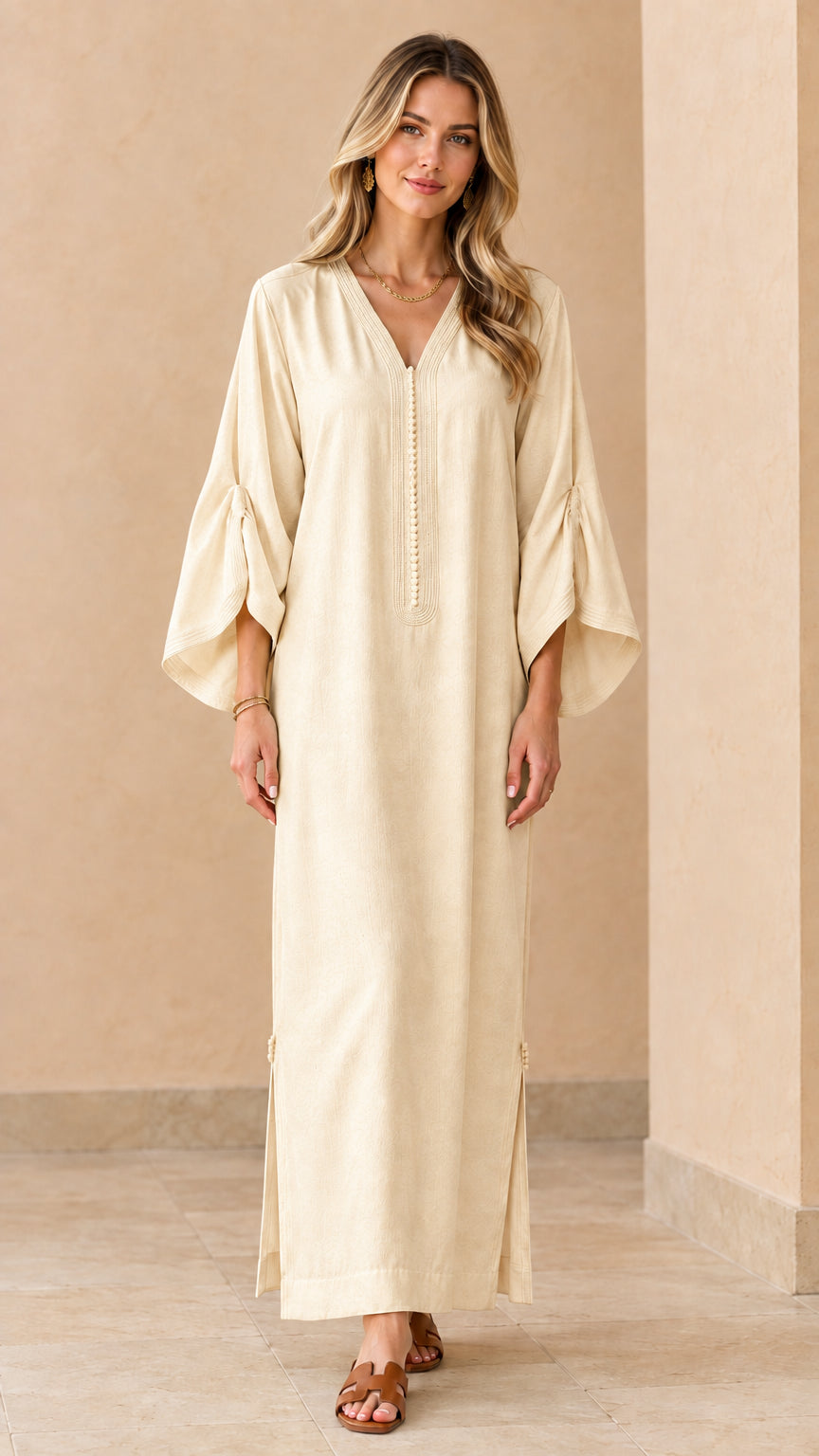 Front view of woman wearing cream beige loose fit kaftan maxi dress