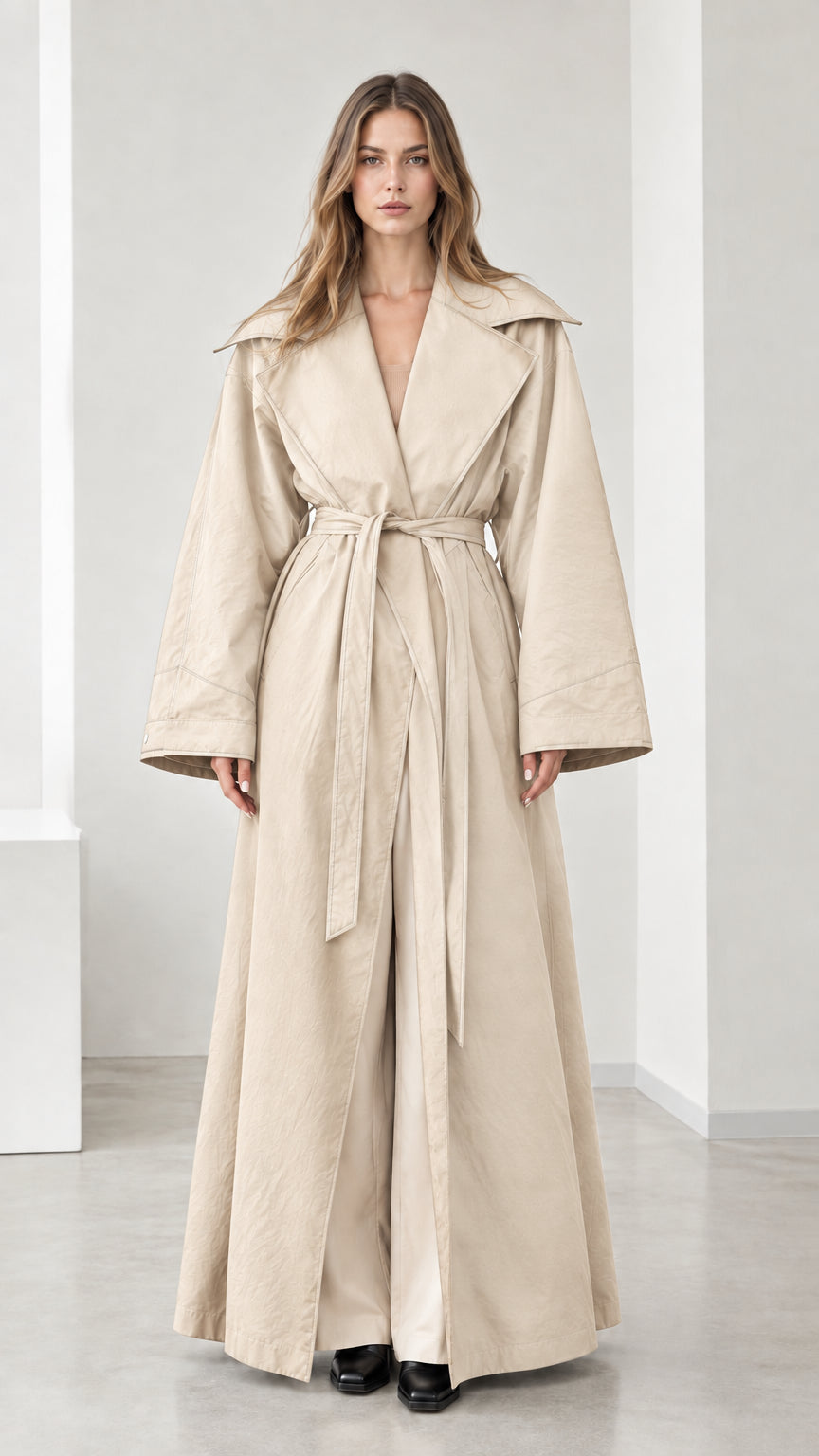 Full-length view of woman wearing beige cream maxi trench coat