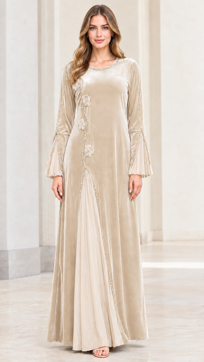 Champagne beige velvet long sleeve maxi dress with pleated inset front view