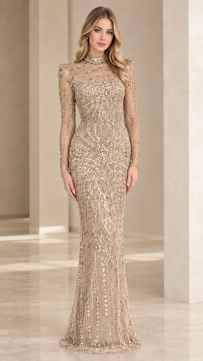 Full-length front view of woman wearing champagne gold embellished long-sleeve evening gown
