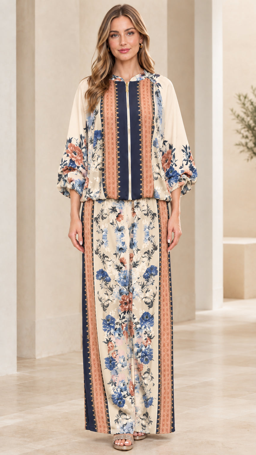 Full-length front view of model wearing Beige floral print matching pant set