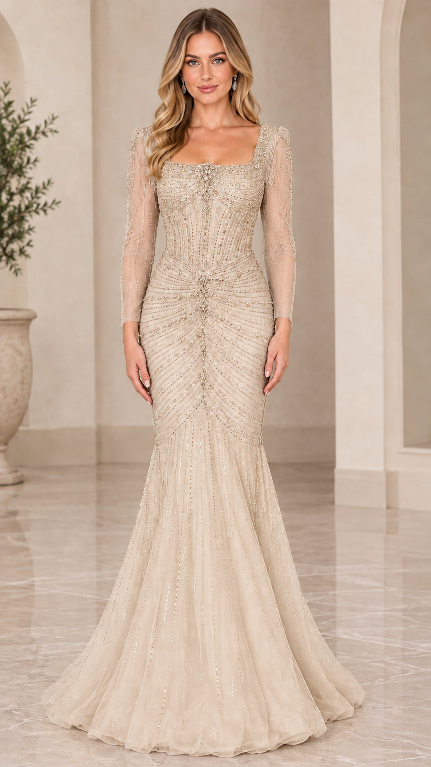Champagne gold long sleeve beaded mermaid evening gown
