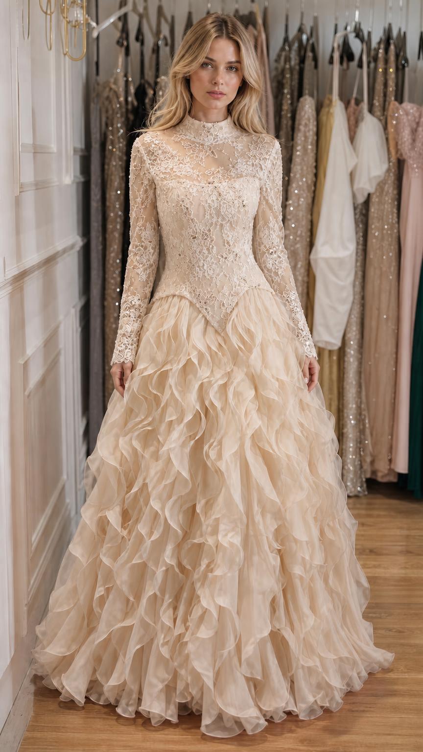Front view of champagne long-sleeve lace evening gown