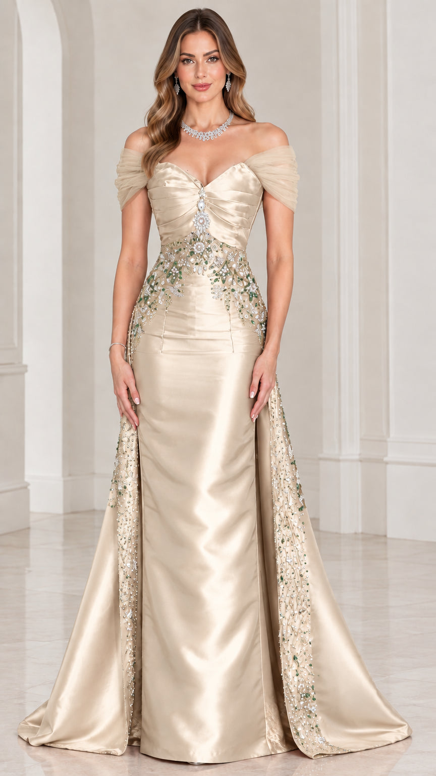 Front view of champagne gold satin off-the-shoulder evening dress with train