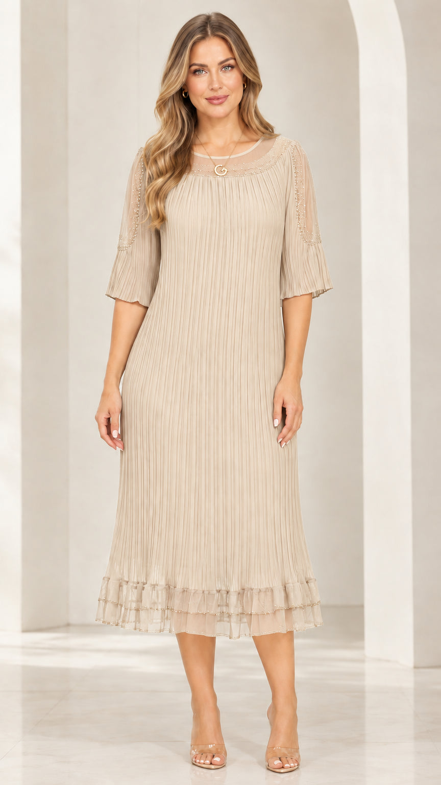 Front view of woman wearing Champagne Beige sheer mesh pleated midi dress