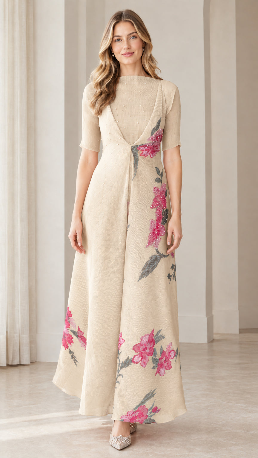 Front view of beige champagne floral embroidered occasion maxi dress
