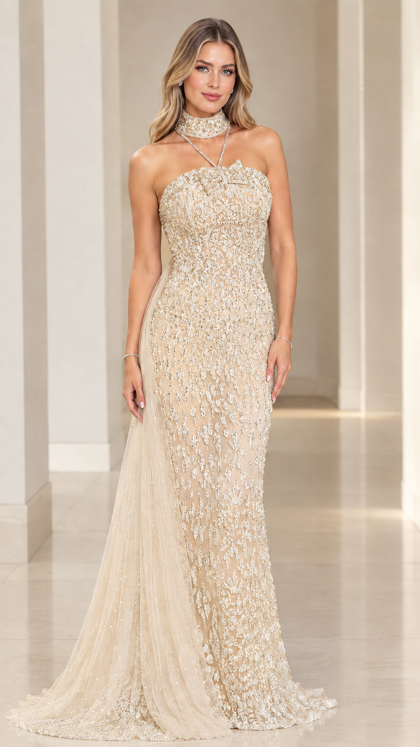 Champagne gold beaded floor length evening gown with tulle train