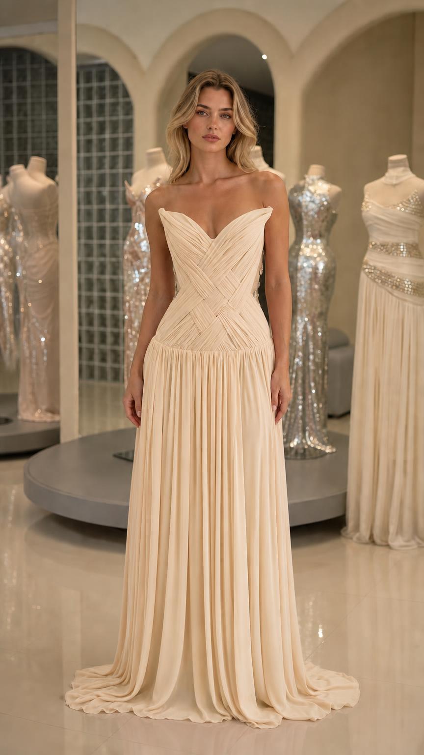 Front view of champagne pleated strapless evening gown