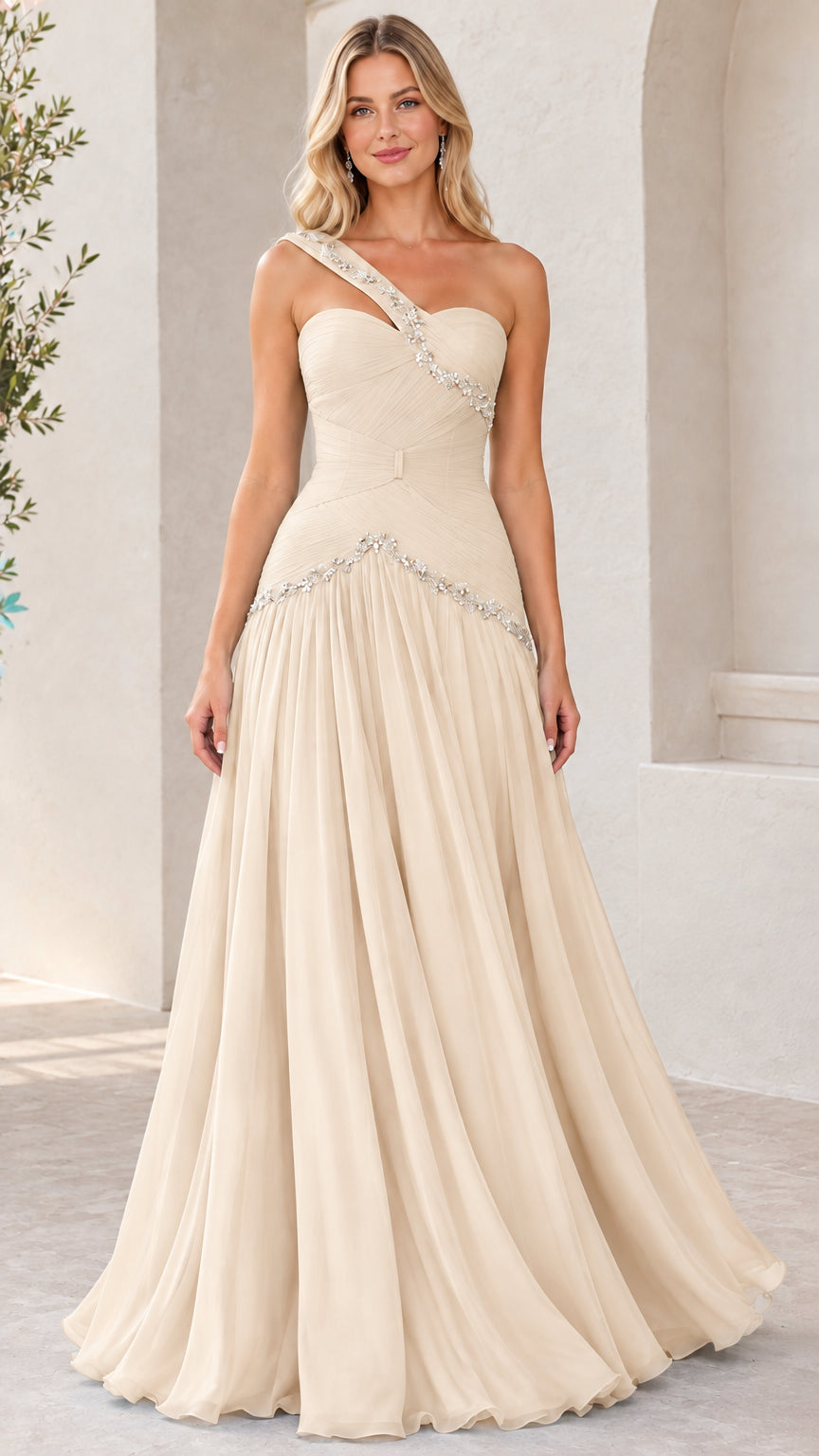 Champagne ivory one-shoulder rhinestone embellished chiffon evening gown