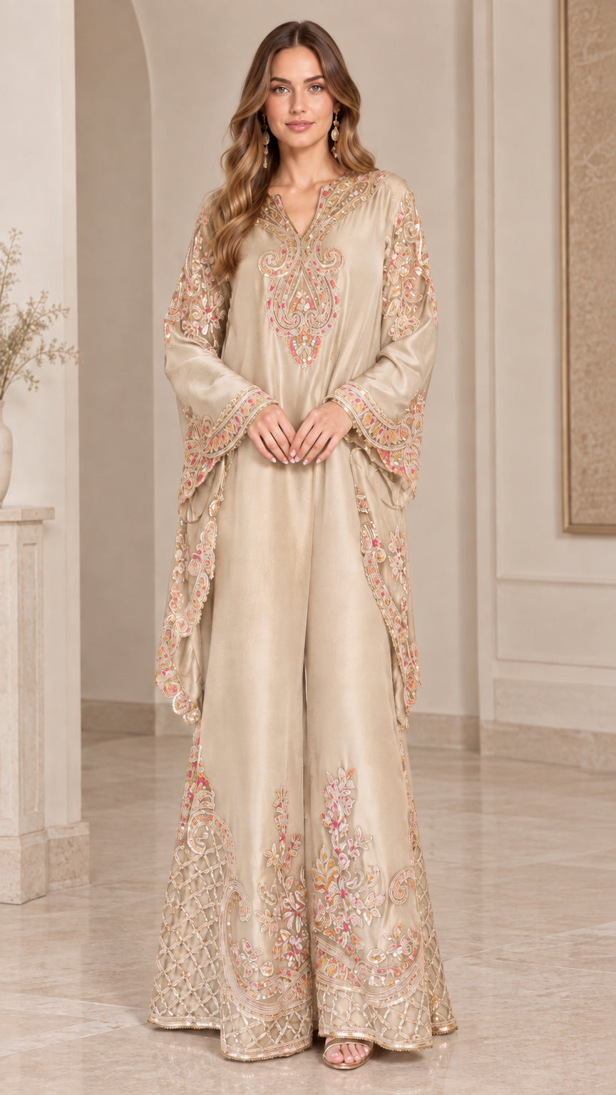 Champagne beige embroidered formal tunic and pant set