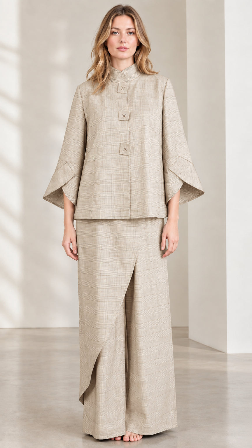 Beige Mandarin Collar Jacket and Asymmetric Wide-Leg Pants Set
