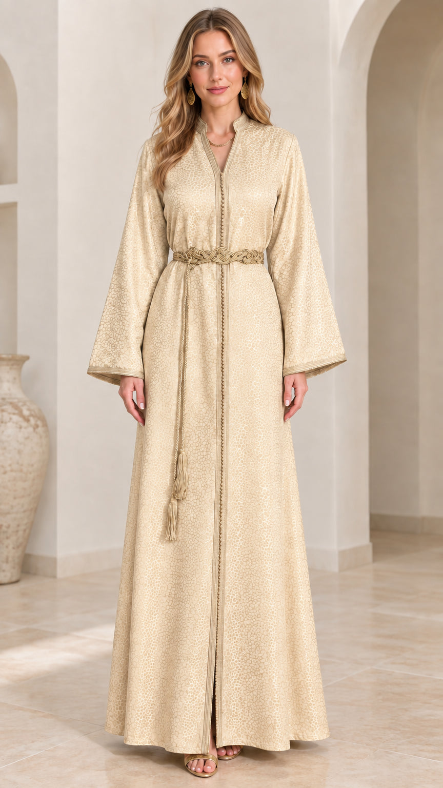Front full view of woman wearing Champagne beige elegant floor-length kaftan dress