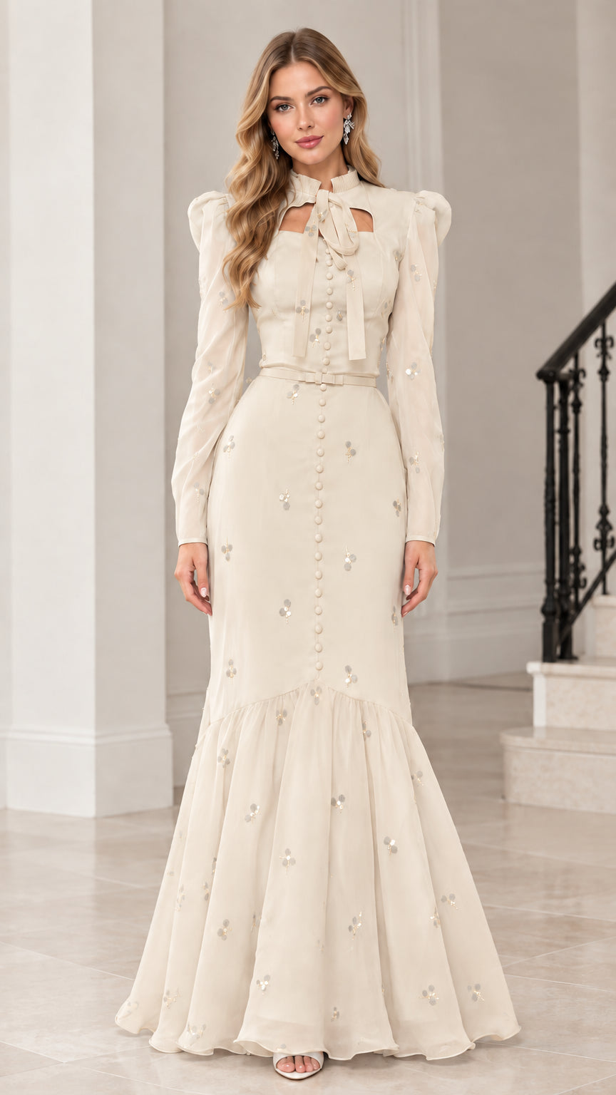 Champagne ivory long sleeve floral sequin mermaid evening gown