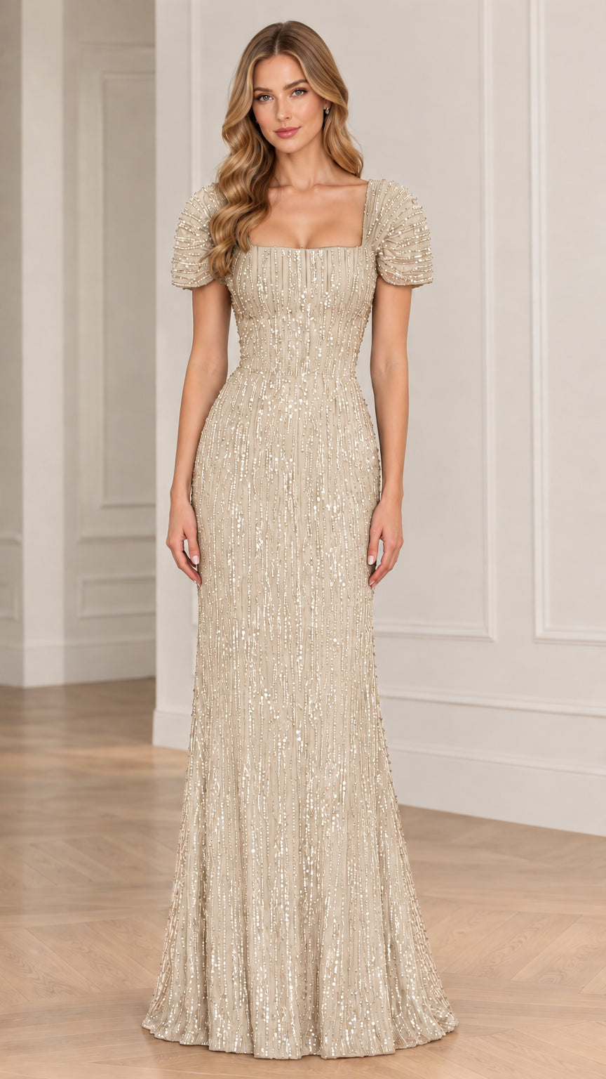 Full front view of champagne gold sequin square neck evening gown