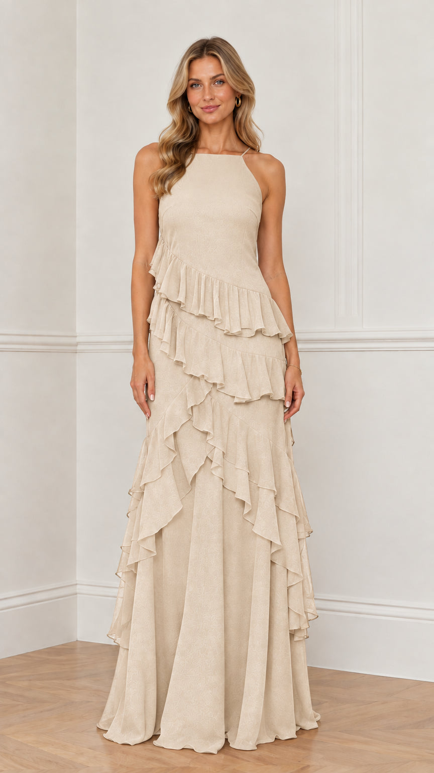 Model wearing champagne beige halter tiered ruffle evening dress