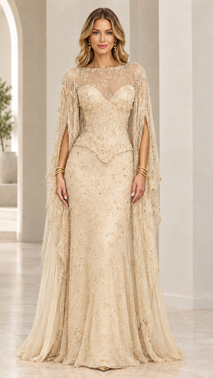 Champagne gold sparkling formal gown with sheer cape sleeves