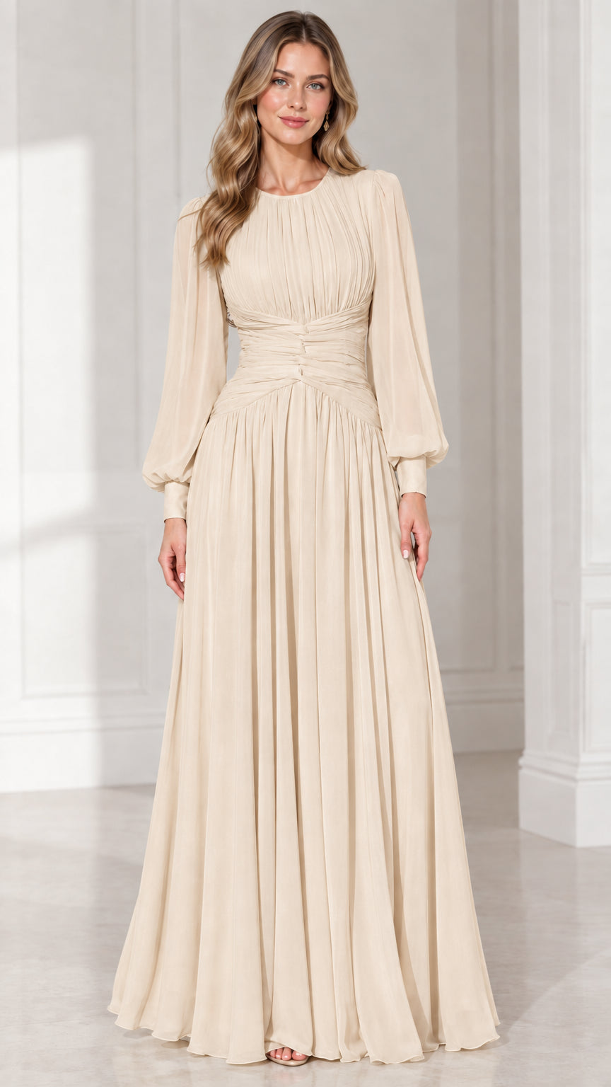 Champagne beige long sleeve pleated chiffon maxi dress