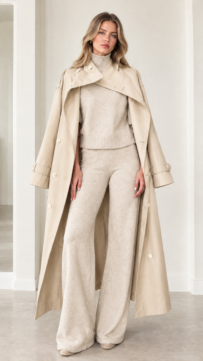 Full-length front view of cream light beige cape-collar maxi trench coat