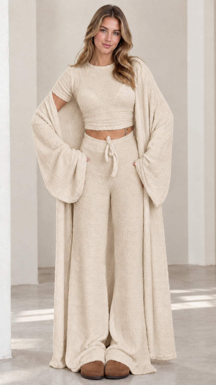 Beige oatmeal 3-piece fuzzy knit lounge set